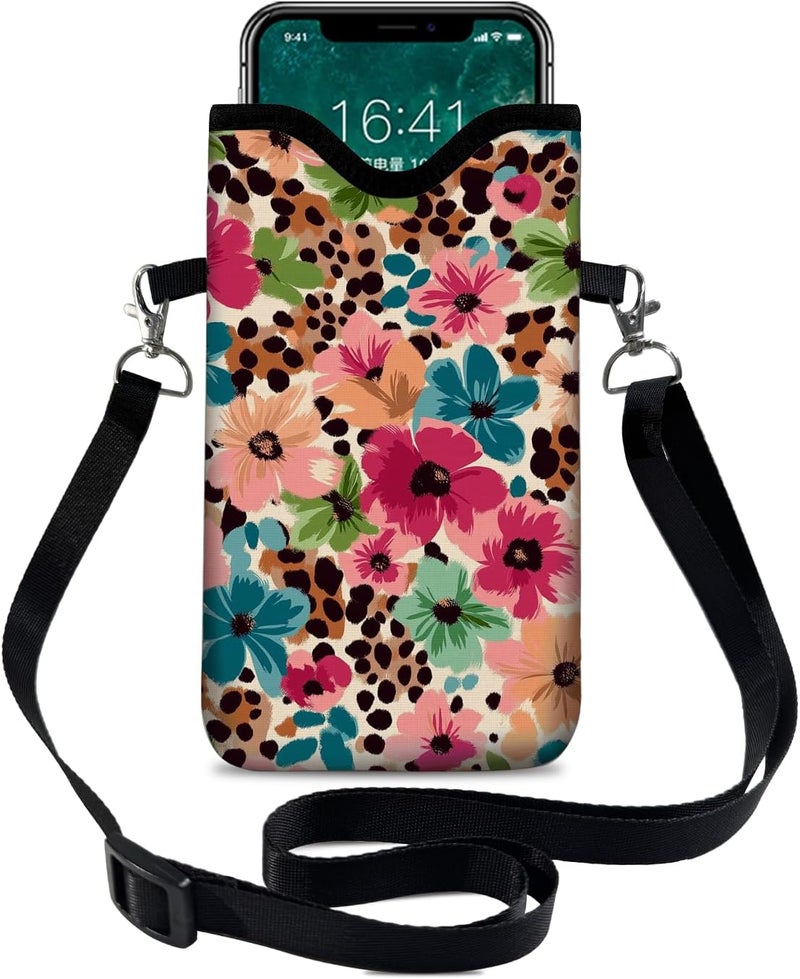 otilil Neoprene Cell Phone Sleeve Pouch Case Bag with Crossbody Strap Neck Lanyard for Women 7.1 X 3.9 in Floral Pattern - Image 1